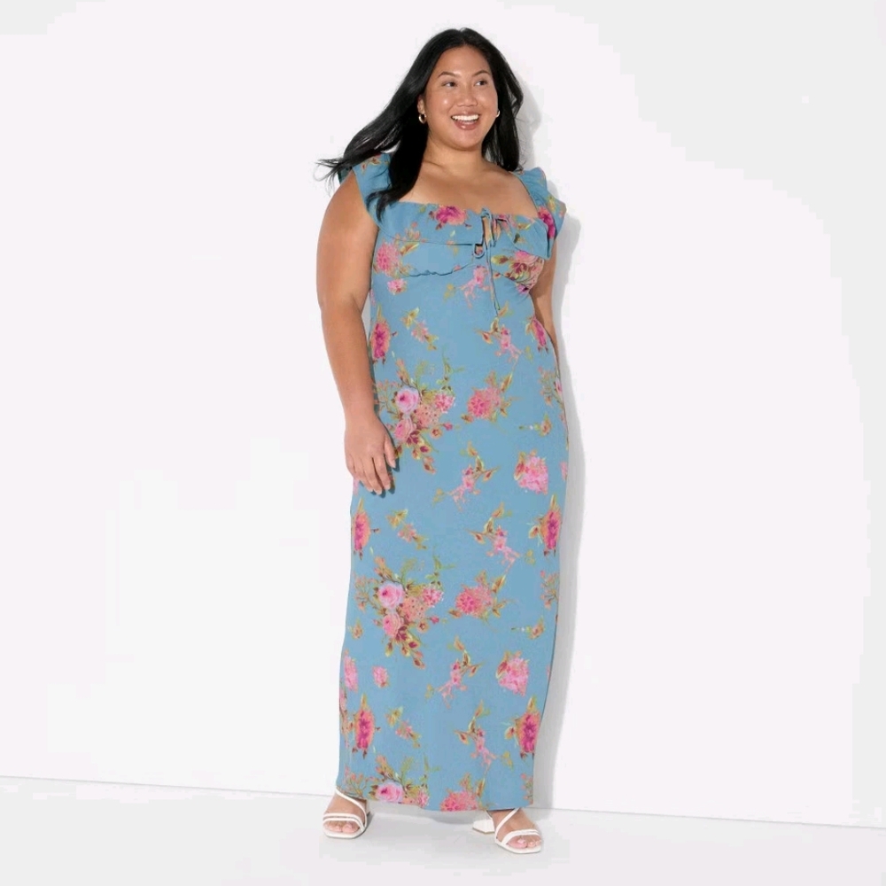 NWT Blue Floral Empire Waist Flounce Sleeve Maxi Dress Size 4X - Picture 4 of 6